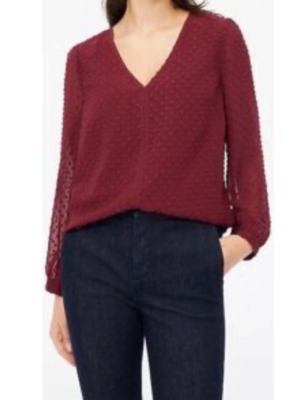 J Crew Factory Women’s V-Neck Textured Swiss Dot Long-Sleeve Top - Burgundy NWT